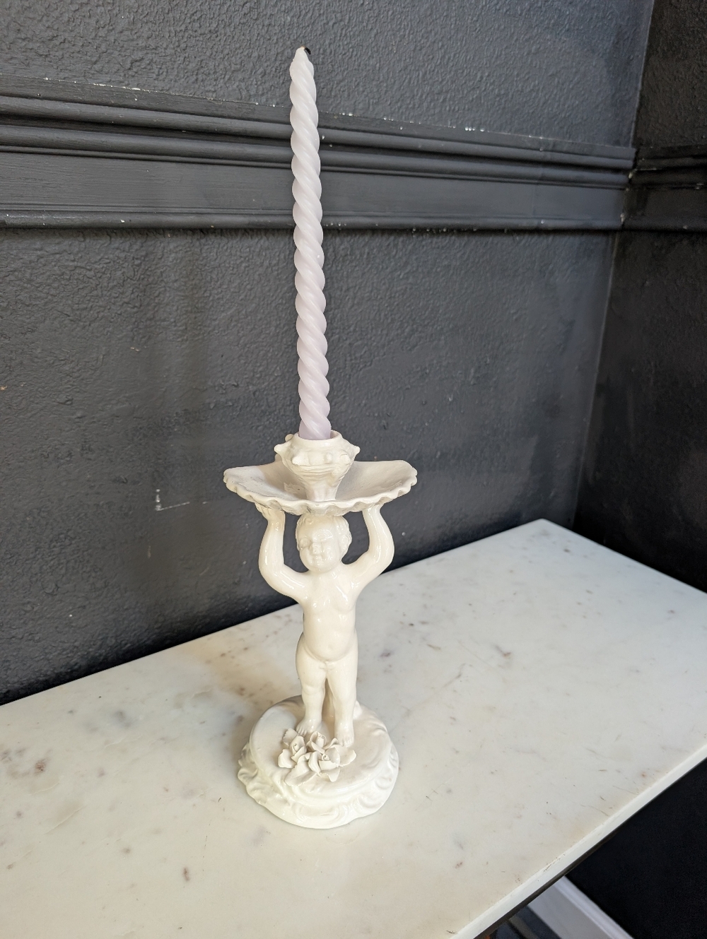 Vintage white Italian Ceramic Cherub Candle Holder Decor 10" x 5"